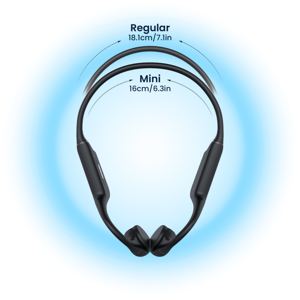 Ampact Sprinter 100 Bone Conduction Sports Headphones Size Guide - With measurement comparisons of the two neck band sizes.