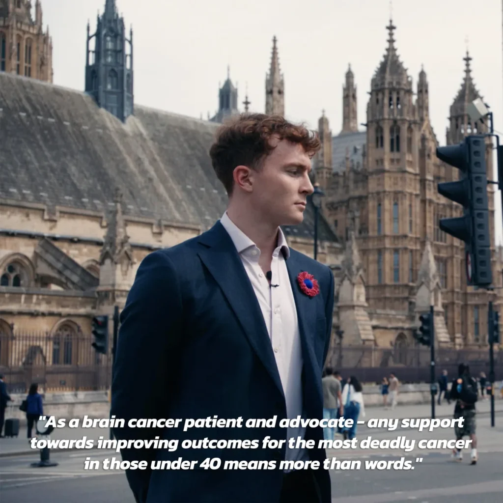 Archie Goodburn outside Westminster, quote on brain cancer advocacy